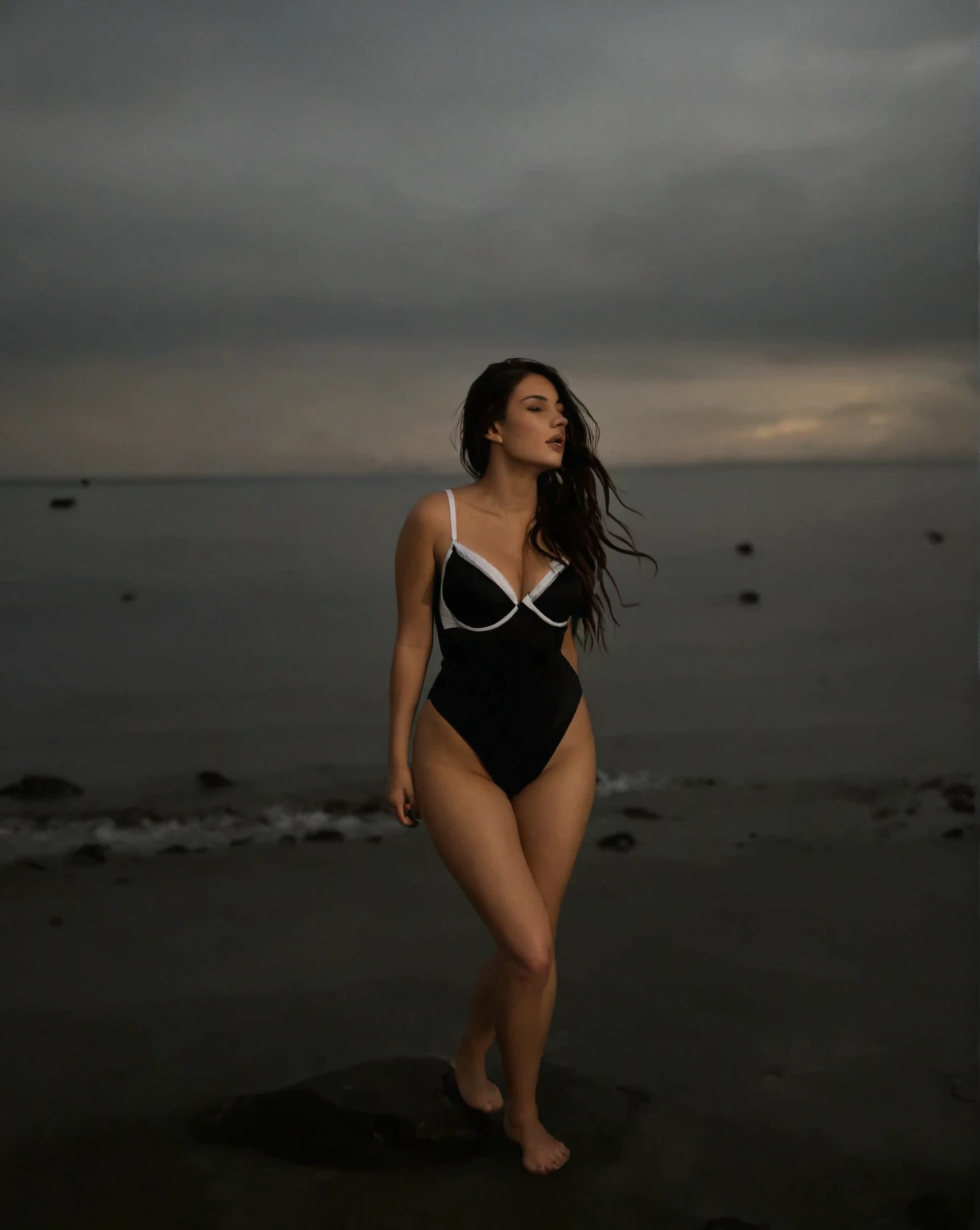 Top Quality, Masterpiece, Ultra High Resolution, Photorealistic, Raw Photo, 1Girl, blonde mix black hair, wearing swimsuit, standing in a landscape of ocean, full detail, UHD, by the best photographer.
