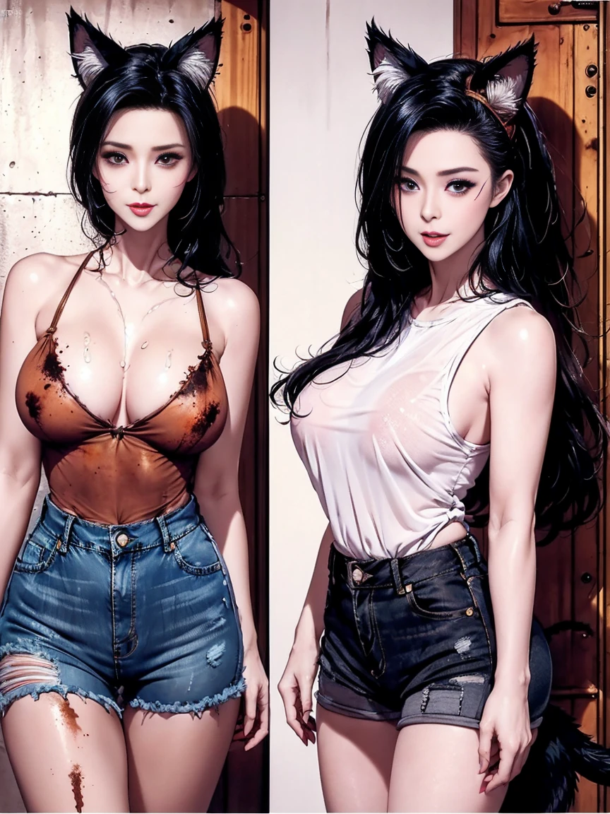 8k, hyper resolution, extremely detailed, A highly detailed, full-body 3D rendering of a realistic beautiful chinese young woman friendly expression, She is standing confidently, smiling, She has long bluehair, wavy and shiny hair that frames her face. She wore a strapless tight black tanktop. very big breast, wearing tight short tight fashionable jeans that accentuated her slim body, wearing black high heels. black background, drawing attention to its cheerful and elegant appearance. Her skin is smooth, naturally glowing and healthy, and her eyes are bright and expressive. The overall style is a mix of realism and a hint of cartoon features, giving it a lively look. use soft photography lighting.