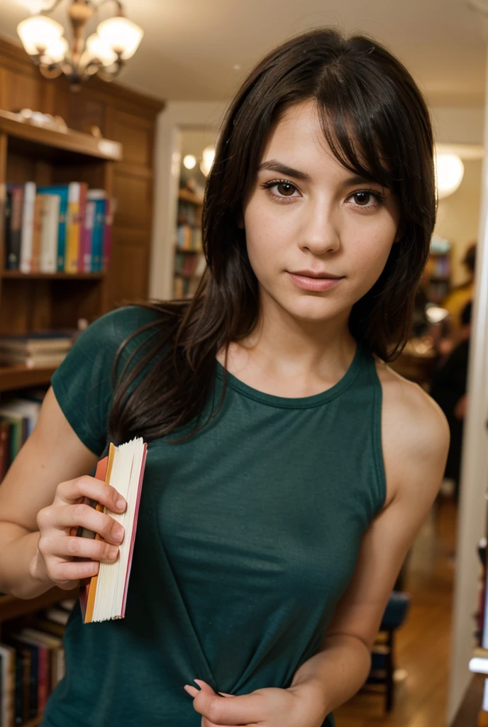 best quality, masterpiece, ultra high res, photorealistic, 1girl, wearing purple tank-top, sheer, in a library, smile, night lighting,