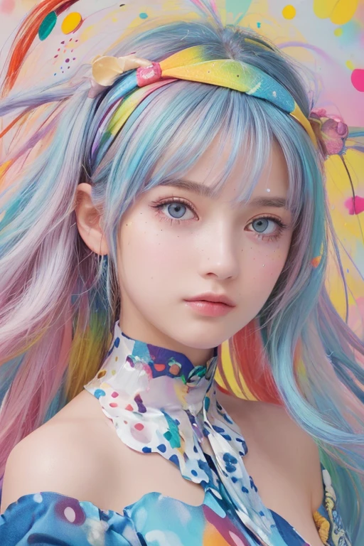 (Pink Fashion T-shirt:1.9),(Colorful hair: 1.8), (All the colors of the rainbow: 1.8),(((((vertical paintinging:1.6))), (paintinging:1.6),front, 漫painting, illustrations, paintingings, big eyes, Crystal clear eyes,( Rainbow gradient high ponytail:1.7), Exquisite makeup, Shut up,(Small fresh: 1.5),(Wipe Chest: 1.6) ,Long eyelashes, White off-the-shoulder T-shirt, White off-the-shoulder shirt,Looking at the audience, big、watery eyes, (Rainbow Hair:1.6), 色彩飞splash, (Solitary:1.8), 色彩飞splash, Color Explosion, thick painting style, Messy lines, ((shining)),(rich and colorful), (rich and colorful), (rich and colorful), rich and colorful, Thick painting Style, (splash) (Color splash), Vertical paintinging, Upper Body, painting splash, Acrylic paint, slope, painting, Highest image quality, best quality, masterpiece, Solitary, Depth of Field, Face painting, rich and colorful clothes, (elegant: 1.2), Gorgeous,Long hair, wind, (elegant: 1.3), (petal: 1.4),(((masterpiece))),(((best quality))),((Extremely detailed)),(illustration),(Dynamic Angle),((floating)),(painting),((Messy hair)),(Solitary),(1 Girl) , (((Delicate anima face))),((Beautiful and delicate face)),collar,Bare shoulders,White hair, ((rich and colorful hair)),((Striped hair)),Beautiful and delicate eyes,(slope color eyes),(((rich and colorful eyes))),(((rich and colorful background))),(((High Saturation))),(((surrounded by rich and colorful splashes))),