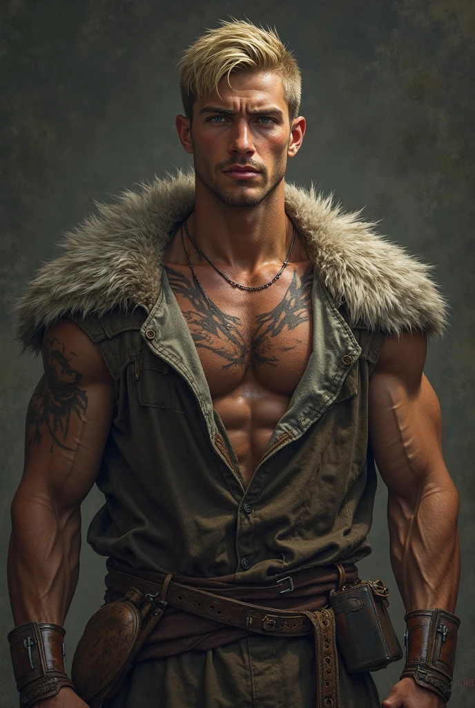 A buff, ripped eldritch entity with bare chest, blond short hair, beard, brown eyes, cloth wrapped around wrist, tattoos on chest, lip piercings, armor, masterpiece, highly detailed, cinematic lighting, volumetric fog, dramatic pose, chiaroscuro lighting, moody atmosphere, vibrant colors, digital painting, concept art style