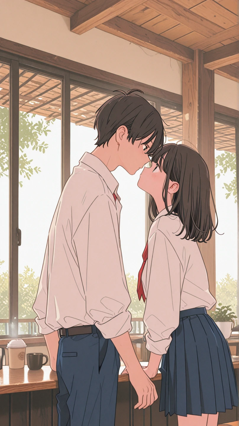 Create a picture of a girl and a boy kissing in classroom. The girl should have shoulder length hair with transparent square spectacles and the boy should have good hair and wear black square shaped spectacles and both should wear baggy clothes