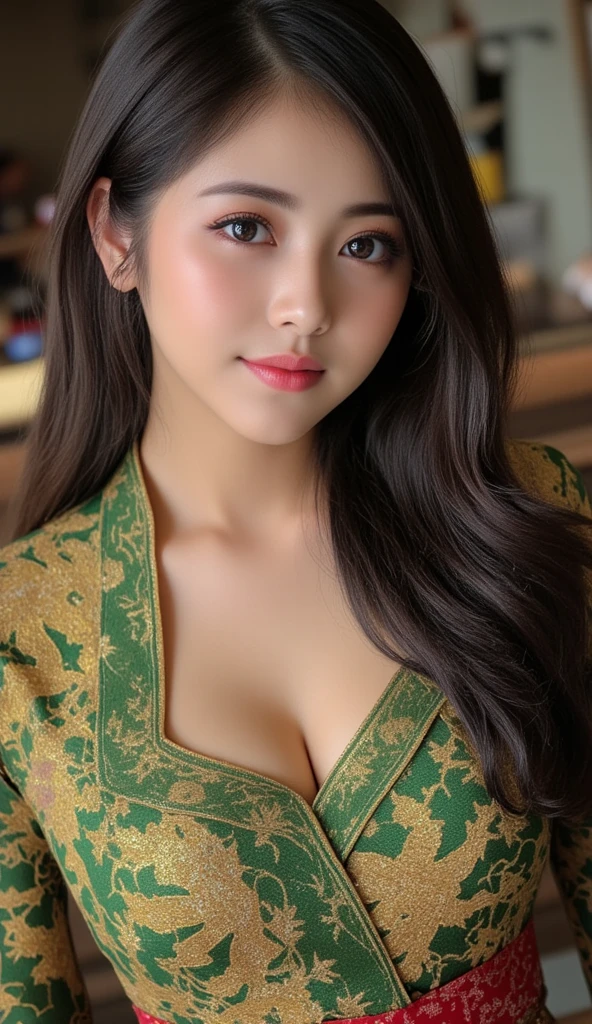 ((GREEN FLUORESCENT LIGHTENING)), ((STYLISH BUN HAIR)), realisitic、(top-quality), matured malay women、Realistic 20 year old dark skin malay face girl, dark skin、wife, mother, (((beautiful nipple)))、Cleavage is fully exposed、Erotic panties、kitchen、messy kitchen, ((Sex in cowgirl position))、((Colossal tits:1.4)) 、((Very small face))、all-fours,Professional bright lighting、Leans forward heavily、Face kissing、erotick、((Chibi girl in loli))、Pale blue loose blouse、gym shorts, ((seduce face)), smile