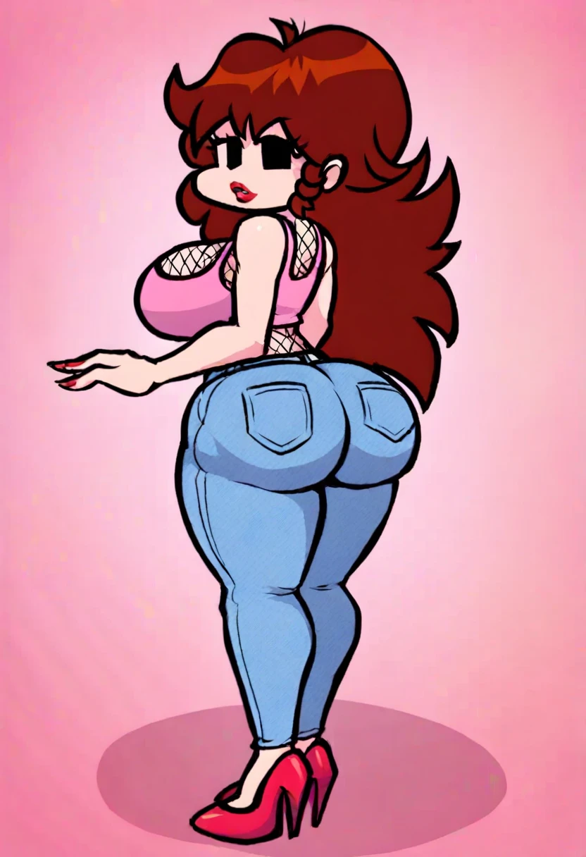  A beautiful girl, huge chest, soft straight hair, her brown eye, wears a shiny black bra, a golden corset, a navel and a pair of jeans, huge thighs, sexy legs, net socks, a black shoe. 