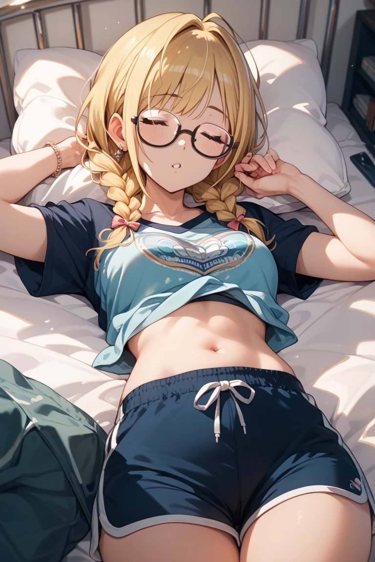Girl, short curly blonde hair, round glasses, red nose, light green short-sleeved T-shirt, blue shorts, exposed stomach, long nose, big breasts, sleeping, open mouth