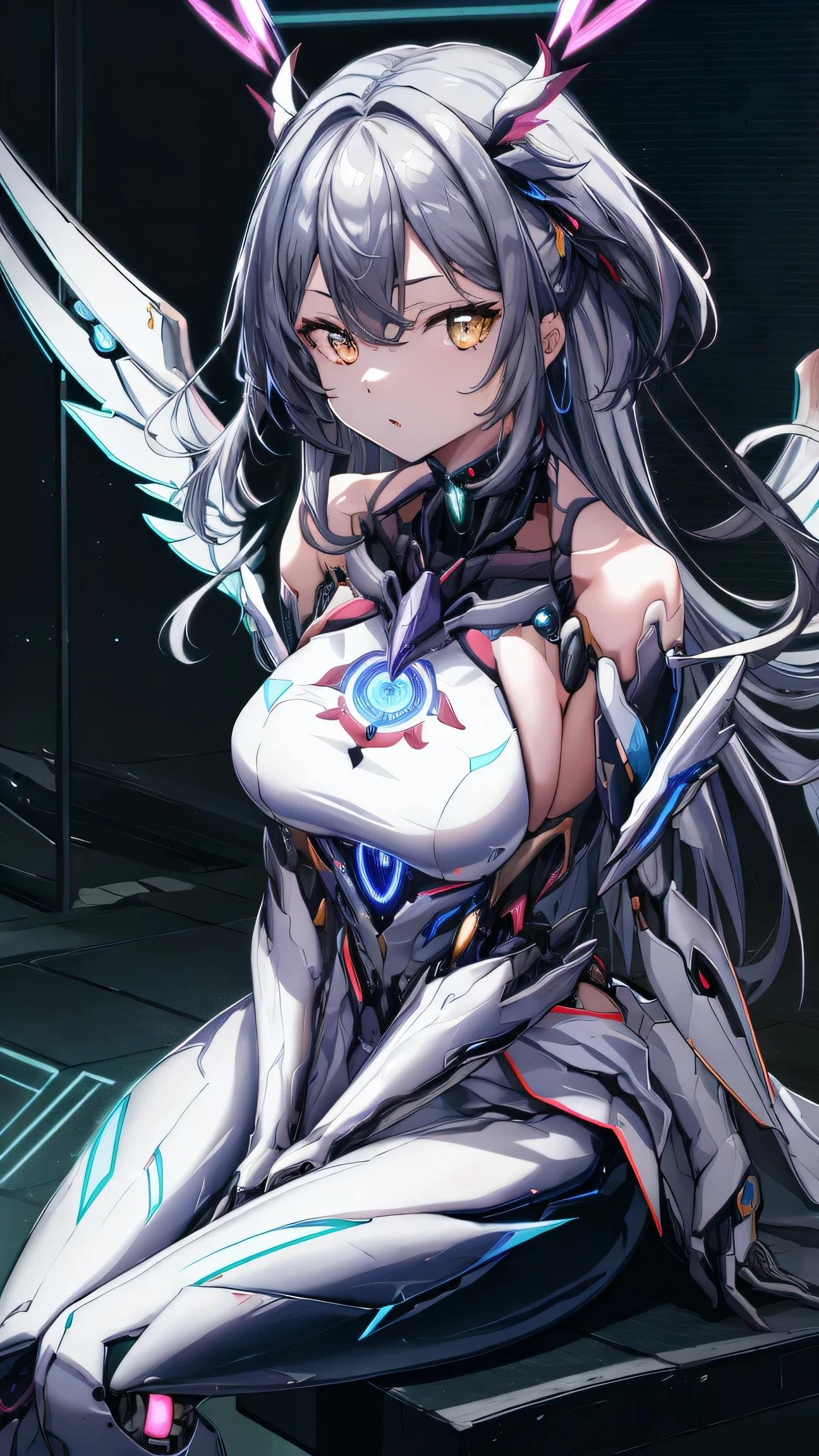 highest quality、very詳細な、masterpiece、Super detailed、enlightenment、((1 girl))、silver hair、hair length、floating hair、、cyber city、Neon building、(Upper body:1.05)、very_become familiar with_eye_and_face,cybernetic wings mechanical wings、random posture、Skyscraper、、Mechumusume、shrine maiden costume,Maid clothes、random angle、anime style,cowboy shot