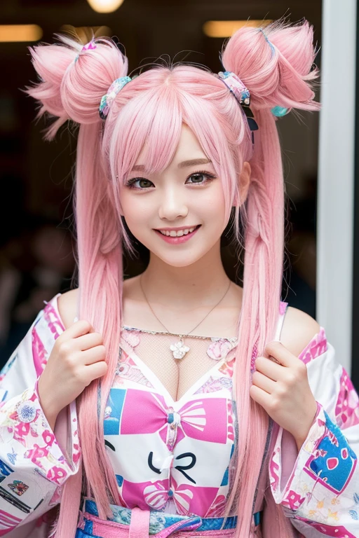 ((Pink Hair))、((Pink Hair))、((Twin tails))、((Highest quality、8k、masterpiece))、((Landmine Girl))、((Highest quality、8k、masterpiece))、Sharp focus:1.2、((Big smile))、(((Small fox ears)))、Cute 17 year old girl with perfect figure:1.4、Slim Abs:1.2、((Dark brown hair))、street:1.2、Highly detailed face and skin texture、fine grain、The chest is exposed、double eyelid、shoulder、Close-up of a woman in a kimono posing for a photo、Japanの女神、Japan人モデル、white、((Small breasts))、Shrine maiden costume、Japan、Drawing attractive anime girls。Cleavage