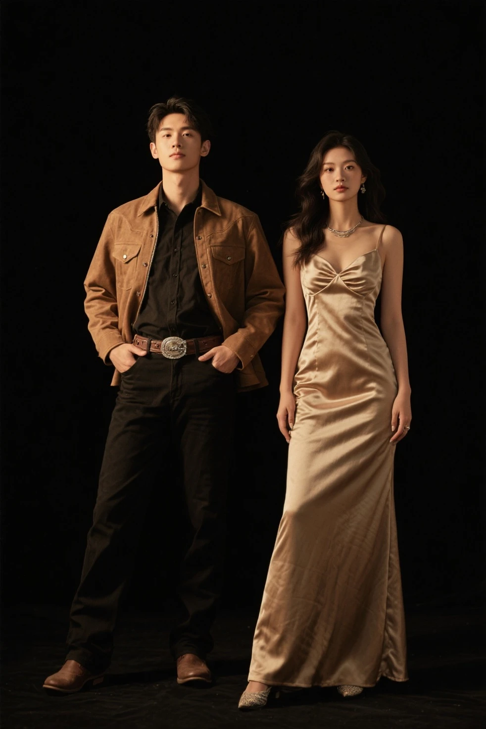 a man and a woman standing next to each other at a Party, an image, inspired by Adam Dario Keel, a jacket that is trending in the cg community, a beautiful young Korean woman wearing a long party dress, a screencap of the film, model elisajes from acquamodels