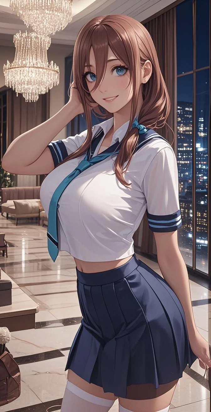 1 female,black hair,18-year-old,(((Shiny race queen uniform)))(((blush、open mouth smile)),(((straight hair))),,,(wet with sweat)(leather thigh high boots)(((beautiful breasts)))((Tight Skirt))((crop top))glasses,race track