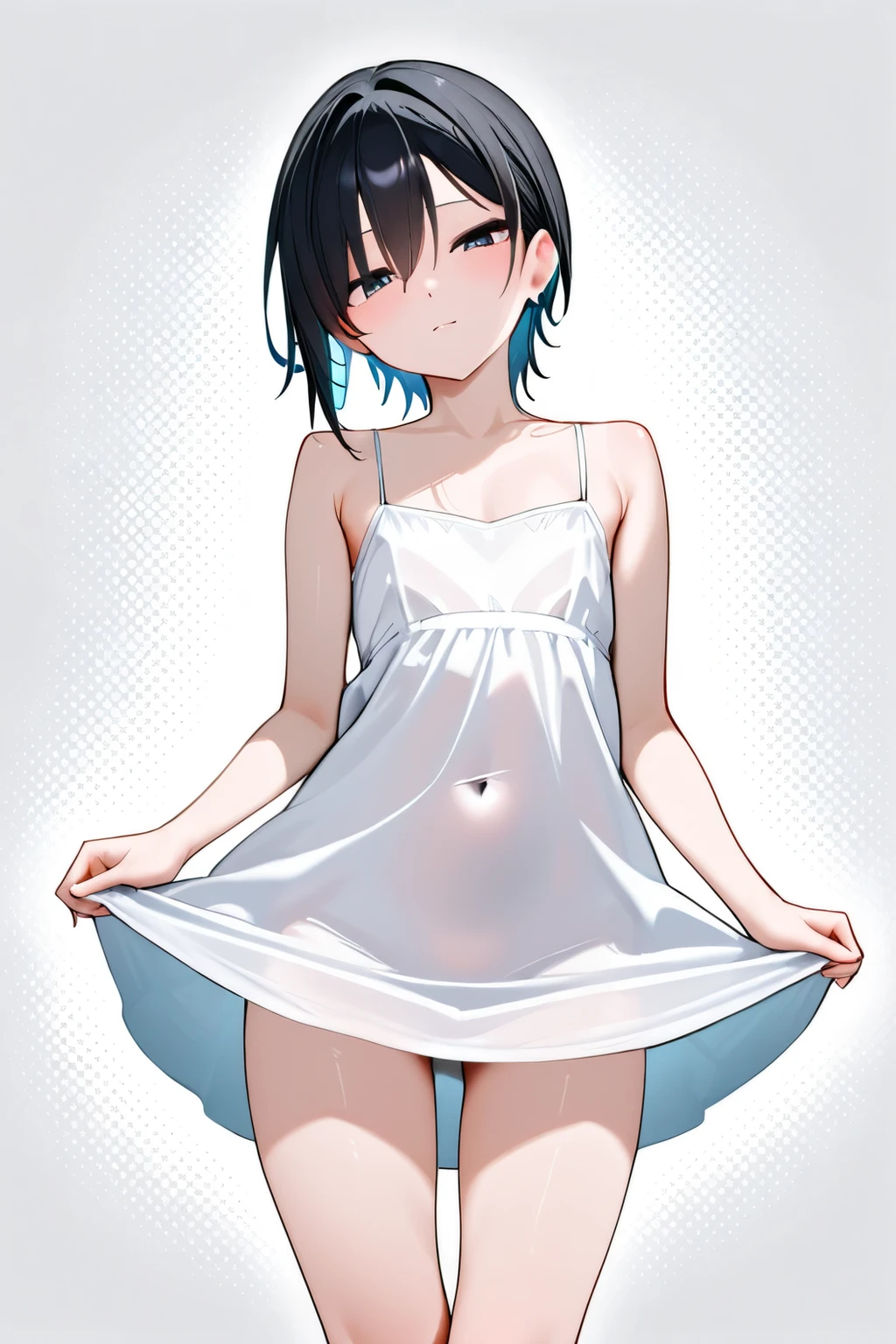 (masterpiece), (best quality:1.1), (ultra-detailed:1.1), (an extremely delicate and beautiful), (best irritability:1.2),1 girl, A dark-haired、Longhaire、long bangs、Blue inner hair color、small tits、(short overalls, nude, see-through:1.5),high-level image quality、full body, simple_black_background