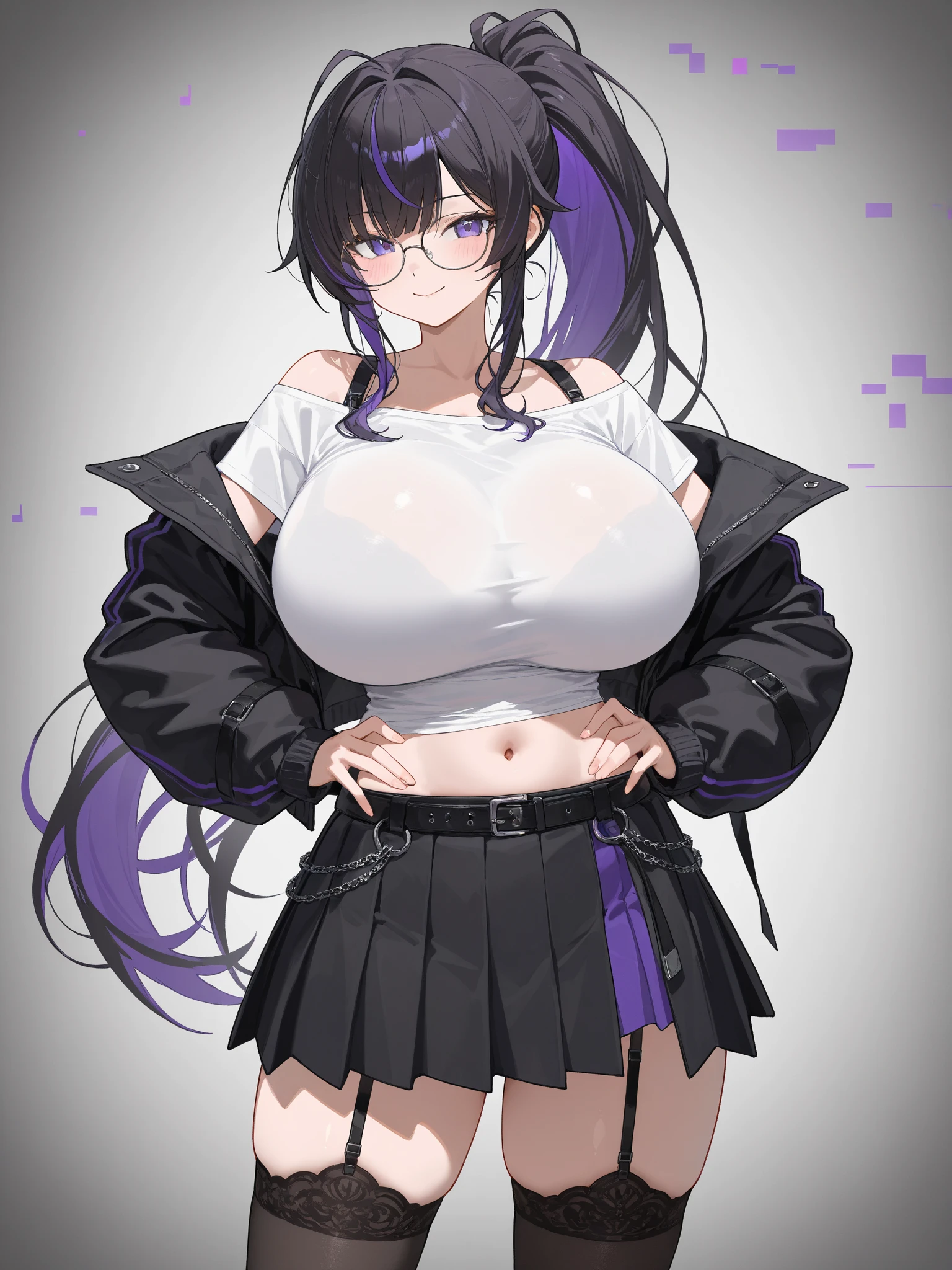 1girl, white background, red eyes, long hair, purple hair, bangs, jacket, crop top, mini skirt, large breasts, cleavage, soft stomach