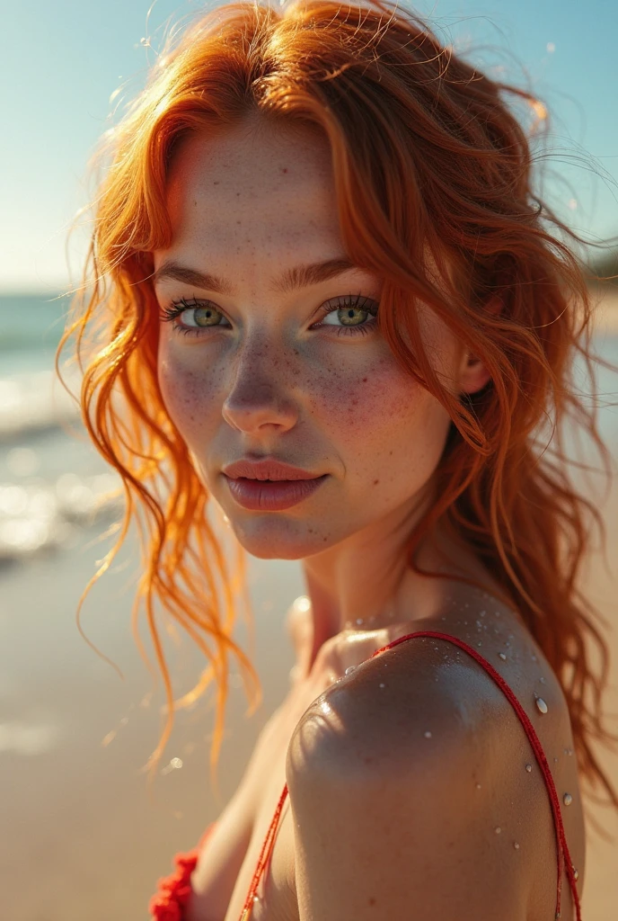 ((best photo quality, Ultrarealistic)), Girl, Not 20, European, Tattoo-Modell, (Portrait, close up shot), athletic figure, small breasts, mysterious smile, enchanting view, ((Fell, ginger red hair, wild hairstyle)), intense green eyes, pale skin, freckles, subtle make-up, more confident, cheeky expression, flawless complexion, Tattoos, Piercings, uncanny attraction, wild and graceful, rebellious spirit, sun set, evening atmosphere, beach, Fotoshooting
