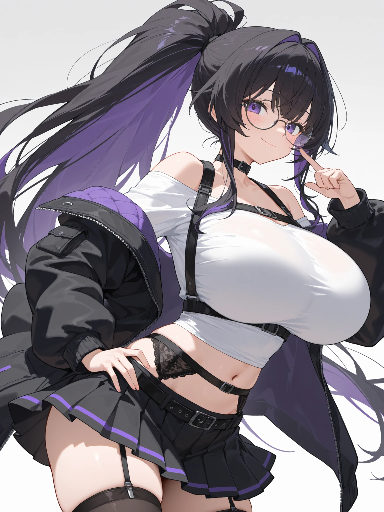 masterpiece, best quality, official art, extremely detailed CG unity 8k wallpaper, detailed background, (hand by Guido Daniele), (detail fingers), (1 mature girl:1.12), (curvy), (jirai fashion with pink blouse and black mini skirt:1.2),(purple hair:1.45), (twintail hair:1.25), (ahoge:1.13), (hair intakes:1.13), (purple eyes:1.2), smile, open mouth, blush, (frills, lace, ribbons), (black lase sock bow), (black bow on chest:1.13), (huge breasts:2.31), (hanging breasts, long breasts:1.33), narrow waist, 1girl, Hawaii, blue sea, palm trees, sunlight,1 girl, glasses,, animated painting,, 1girl, maid clothes, cafe,, hoodie