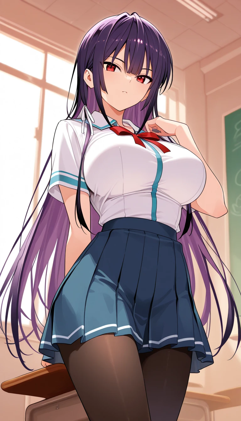 high tail hairstyle, Ponytail hairstyle, Long wavy black hair, standing posing, anime girl style, pixel art anime style,penetrating look with deep eyes,red and purple eyes, hair with a ponytail hairstyle trapped with a big red bun, Women, red hair clips, x color shaped hair clips , short white shirt, smooth receptionist miniskirt, smiling face blush, standing in his bedroom, next to his bed, receptionist clothes, lifting her skirt, grabbing her skirt with her hands to lift it up, letting her look at her underwear.