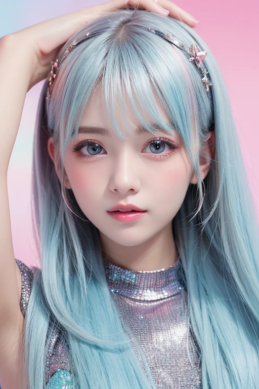 A vivid and fantastical background, A portrait of a beautiful young woman is depicted, Her hair is pastel colored, It has a pink and blue gradation., Her big eyes sparkle, It&#39;s like a starry sky, Rainbow-colored bubbles and light particles dance in the background, The overall atmosphere is dreamy and magical, (Her hair is pastel colored, It has a pink and blue gradation:1.4)