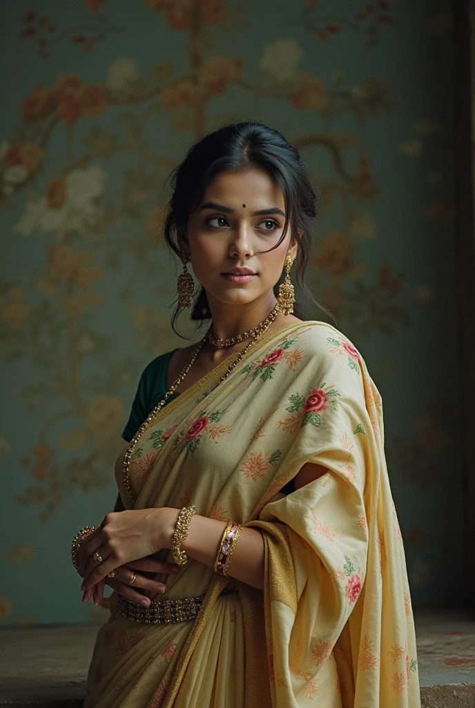 In this photograph, an Indian Instagram female model in her mid-20s takes hugging her self. (highly detailed face:1.4) (smile:0.7) (background 5-star hotel, moody, private study:1.0V, by Lee Jeffries, Nikon D850, film stock photograph, 4 Kodak Portra 400, camera f1.6 lens, rich colors, hyper-realistic, lifelike texture, dramatic lighting, Cinestill 800, realistic). She is wearing a pattern printed modern saree that exudes elegance and sophistication. The saree features a vibrant and intricate design with rich colors and detailed patterns, draped gracefully around her. The model's hair is styled in a classic bun with jasmine flowers, adding a modern twist to her traditional attire. 

The photograph is meticulously captured in 8K resolution using cutting-edge techniques such as Cinema 4D and Octane Render, resulting in a highly detailed and photorealistic image. Studio lighting, HDR, and a smoky mist create a captivating ambiance, while the bokeh effect adds an artistic touch.