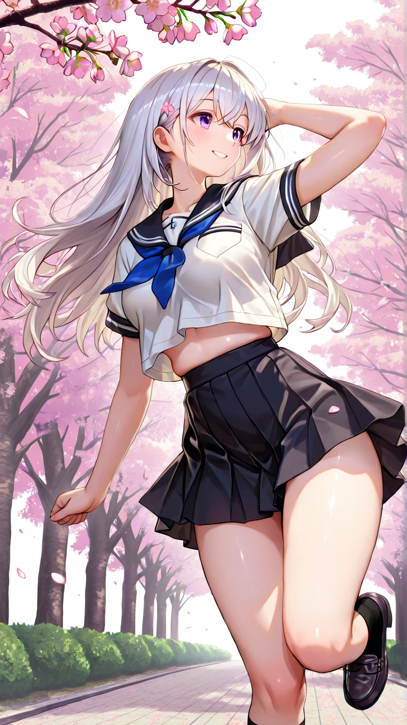 realisticlying,1girlhugebreasts,White hair,Purple eye,glowing light eyes,Cut the top,a skirt,Parting lips,Be red in the face,the night,fresh flowers,suns,sun beam,Close-up of the