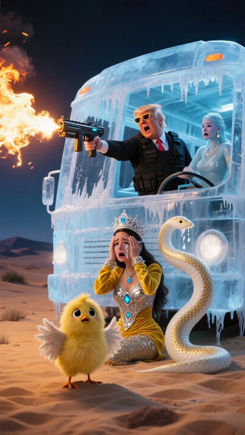 M0nstrcrz, driving, Yellow car, Donald Trump, bats, red moon, FOG, purple clouds