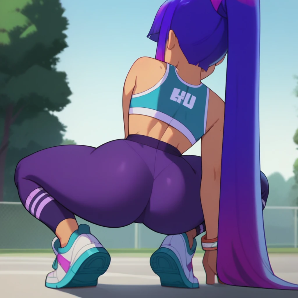 miko kubota from glitch techs, long hair, blunt bangs, purple hair,  ((loose socks, sneakers, female gym uniform, long sleeves shirt, latex shorts, red buruma, white shirt, cameltoe)), (looking at viewer, smile), track and field background, ((, curvy, voluptuous, thick legs, thick thighs, wide hips, medium breasts,)),,(1girl, solo, female focus),((twerking, shaking ass, squatting, back view, large ass, hands on knees, full body, movement lines))