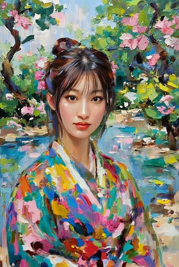 YFG-Liqd, a vibrantly colored abstract oil painting. A close-up portrait of a young Asian woman in a kimono with her long hair tied in a high ponytail, with a Japanese garden in the background.