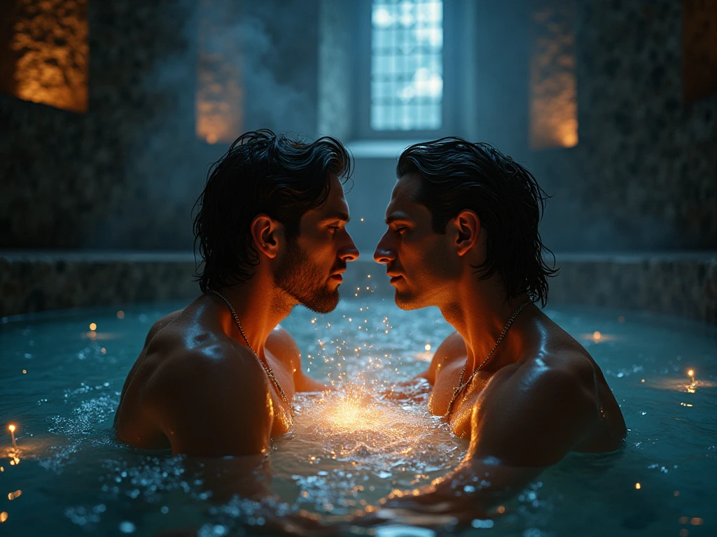 Handsome hipster and goth punk man smiling in a bubble bath in a gothic bathroom