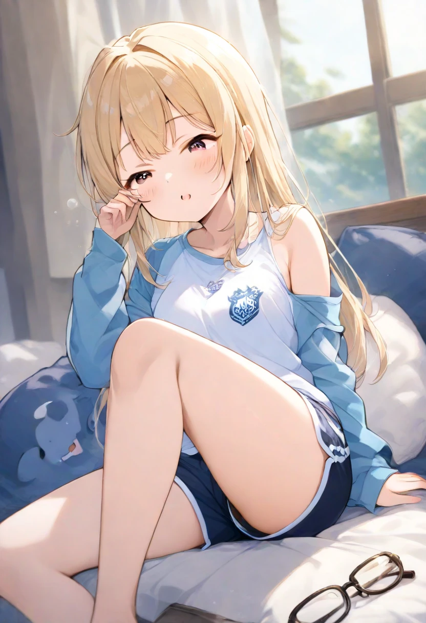 1girl, solo, masterpiece, sitting on bed, light blonde hair, long hair, baby blue eyes, light blonde eyelashes, long eyelashes, blushing, flustered, light blue hoodie, white and light blue striped panties,