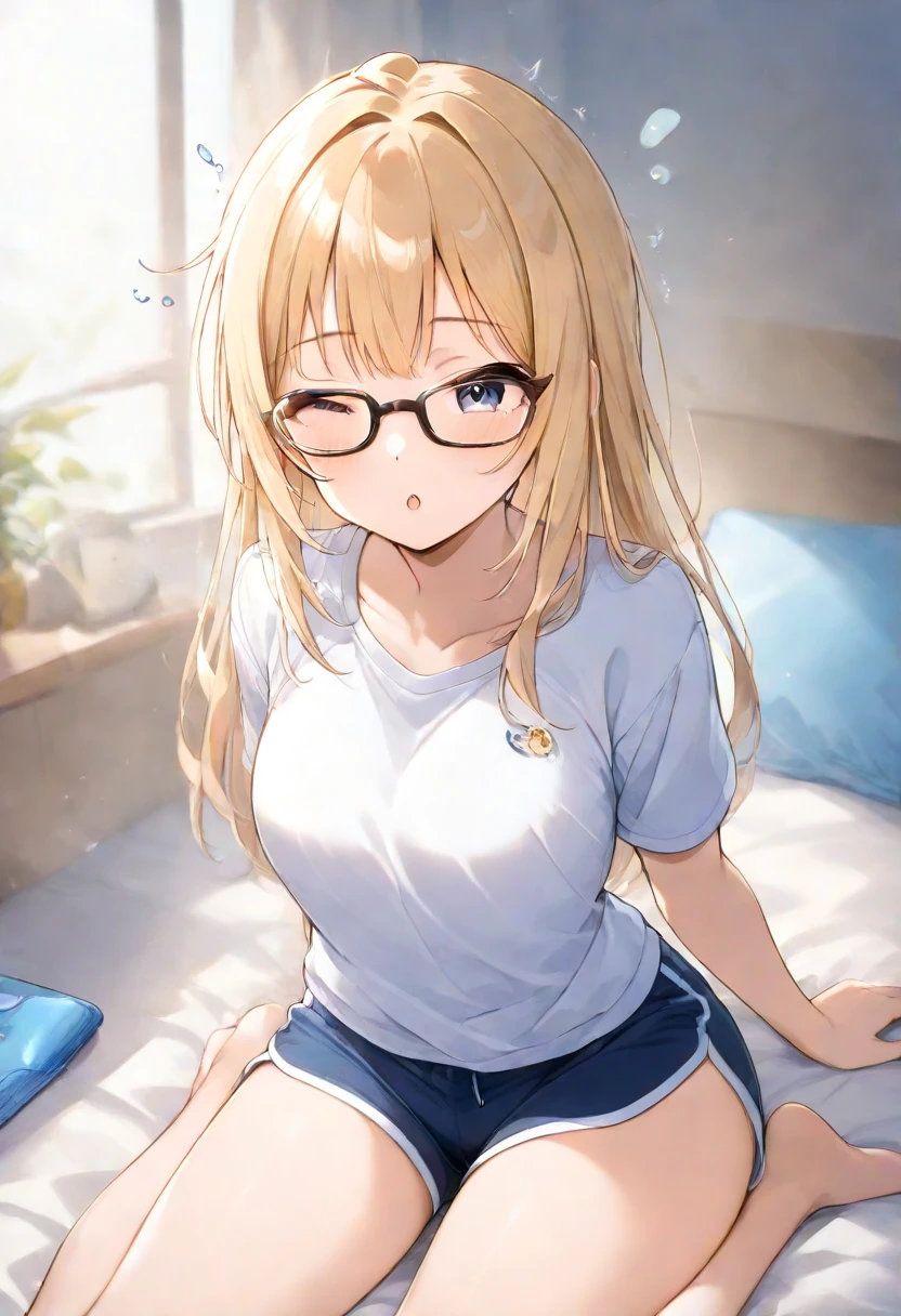 8K、highest quality、masterpiece、Super detailed、ultra high resolution、((1 person))、girl、blonde、make、ear nipple rings、necklace、big round lens glasses、Medium chest、white shirt、Unbutton the button、cleavage、sitting on the bed、mini skirt、((white panties))、Stand with your thighs spread to the left and right、Poses to seduce men