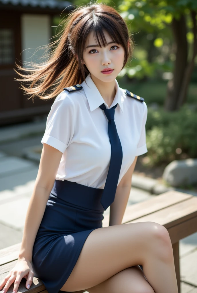 8K, top quality, masterpiece, high definition, ultra high definition, 1 girl, 18 years old, (wearing white vacuum perspective uniform: 1.5), white miniskirt, solo, (full body), (brown hair), (spread legs), black eyes, beautiful and delicate eyes, delicate skin, slim body, big breasts, thin thighs, feet in leather boots, dark primeval forest, (front), looking up at the lens, lower abdomen, background blur, Focus on depth of field