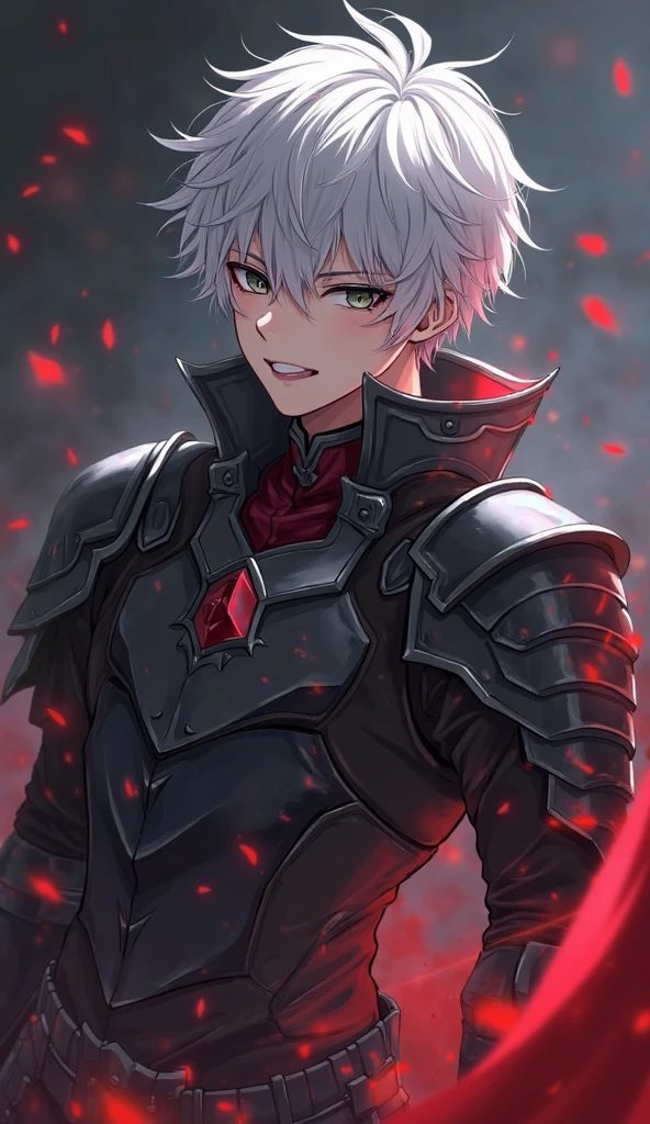 cluseller, best quality, incredibly absurdres, illustration, digital painting, upper body, male character, 1boy, male focus, Silver hair, diagonal bangs, evil smile, grin, teeth, light red eyes, (wearing science fiction style poleyn and shin guards armor), landscape with Texture, cloudy sky, finely detailed background, amazing background
