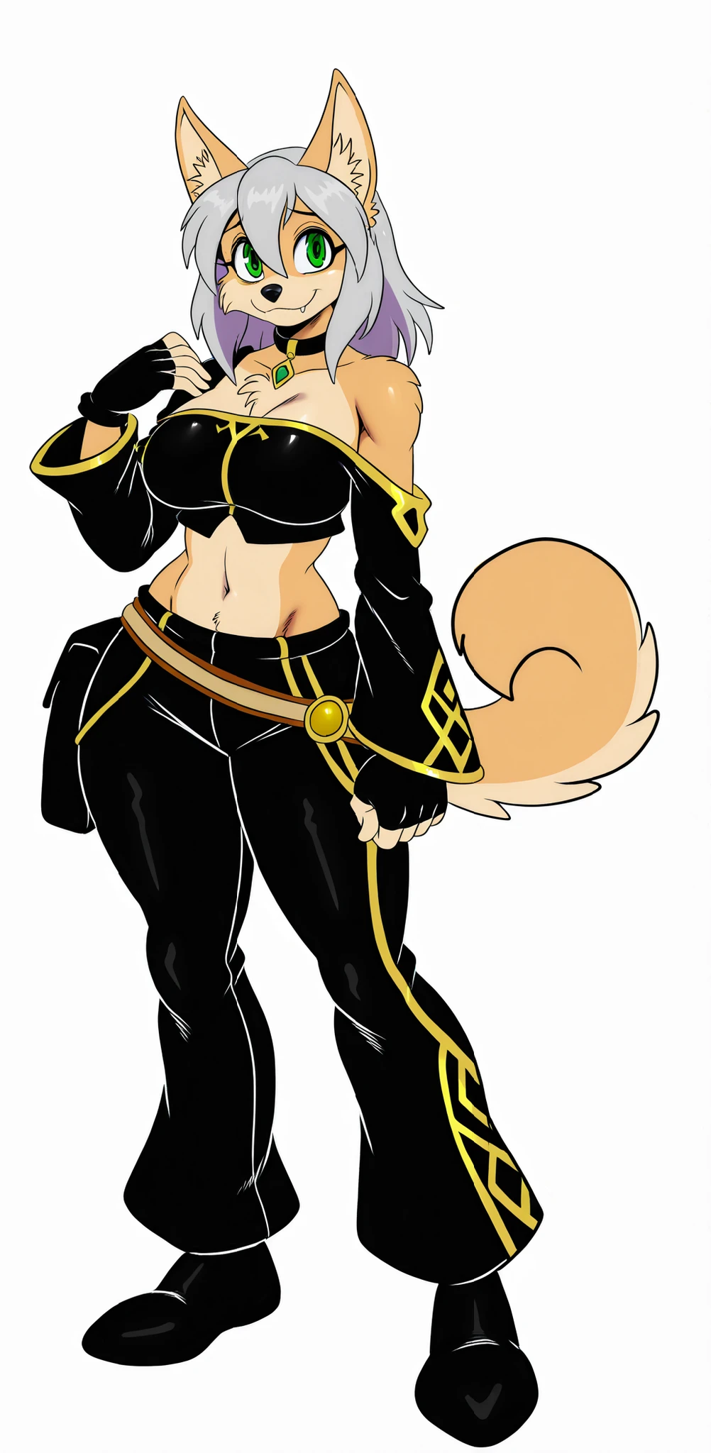 (solo), best quality, high resolution, absurdres, newest, BREAK, (adult), uploaded on danbooru, uploaded on e621, ((by sssonic2, by skidd)), by b-epon and by kadath and by zeekzag, (female), (anthro, welsh corgi and shiba inu mix, corgi ears, shiba tail), (tall, light brown body:1.1), straight hair, medium hair, bright silver hair, hair between eyes, (shy, timid and happy, closed smile, looking at viewer), green eyes, (visible cute fangs), (black fantasy anime outfit, off-shoulder crop top, black and gold trim, asymmetrical sash, black high-waisted pants, black stylish female rogue mage attire, midriff-baring, elegant but practical, fantasy adventurer, black detached sleeves, modern/sci-fi/fantasy fashion), black nose, BREAK, (beautiful, adorable), (collar with green gem), eyebrows are same color as hair,, simple plain background, medium/big breasts, [midriff], very slightly wide hips, neck floof, chest fluff, chest floof, 