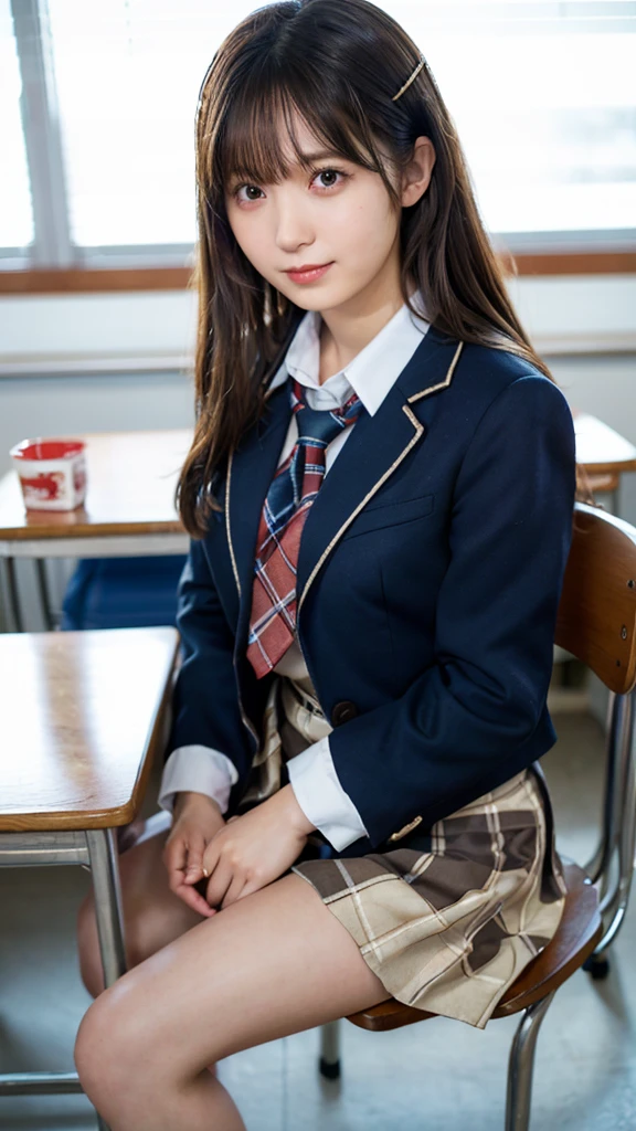 (Masterpiece, Masterpiece, 8k), One beautiful woman, Long blonde hair, blue eyes, A blue ribbon in her hair, High School Outfit, Black blazer, Black Skirt, Blue tie, Big Breasts, Thighs, Wearing high stockings, In the classroom, Serious expression, High resolution, Blur the background, Smile