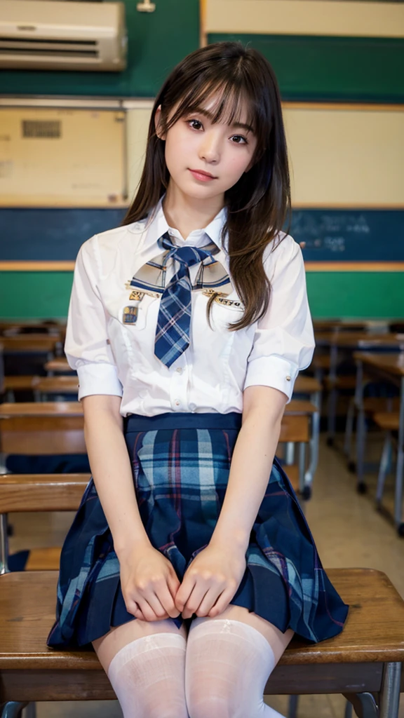 (masterpiece, Highest quality:1.2), 8k, Young and beautiful girl, 85mm,Official AR RAW Photos, Baby Face、Big Breasts、Show me your ears、photo shoot, Cute Face, Thighs, After school classes, Looking at the audience, Embarrassing、smile、No makeup, Film Grain, chromatic aberration, Sharp focus, Face Light, Bright lighting, 10 generations, Detailed face, Background blur、((((((15-year-old high school girl))))))、Narrow waist、Navy blue mini skirt、((I'm not wearing pants))