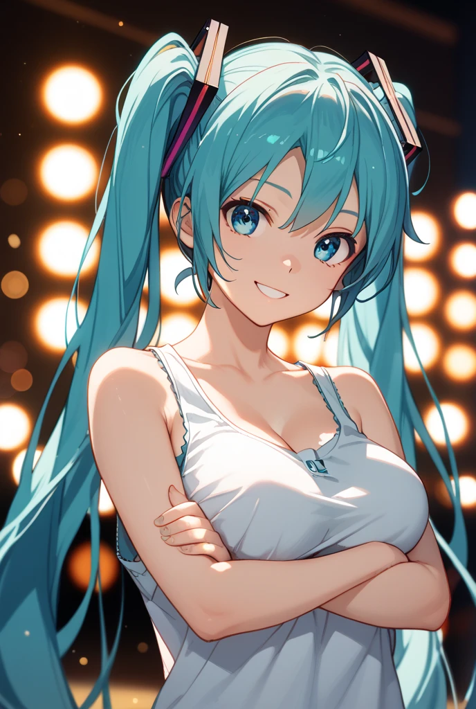 Obra maestra,La mejor calidad,Calidad total,1girl,Pov,desnudo, Backwards,cuerpo plano,Pechos planos, grande, ojos grandes,Cara hermosa,muy muy muy largas 2 coletas largas, cabello verde azul , ojos grandes, sonriente, etapa, Concierto