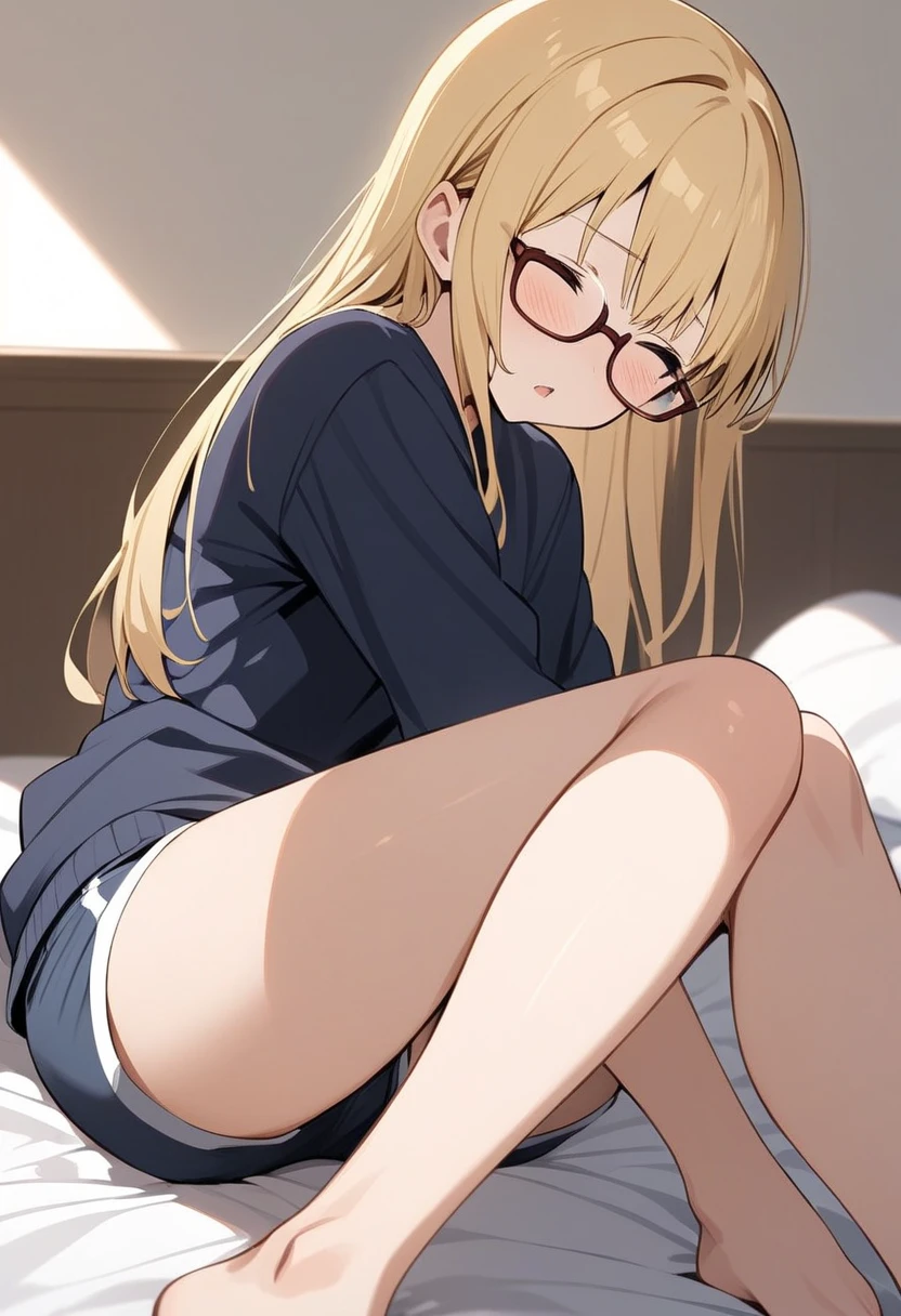 ((best quality)), ((masterpiece)), (detailed), one girl with long blond hair, normal sitting on red gym ball, white panties, white t-shirt, smiling