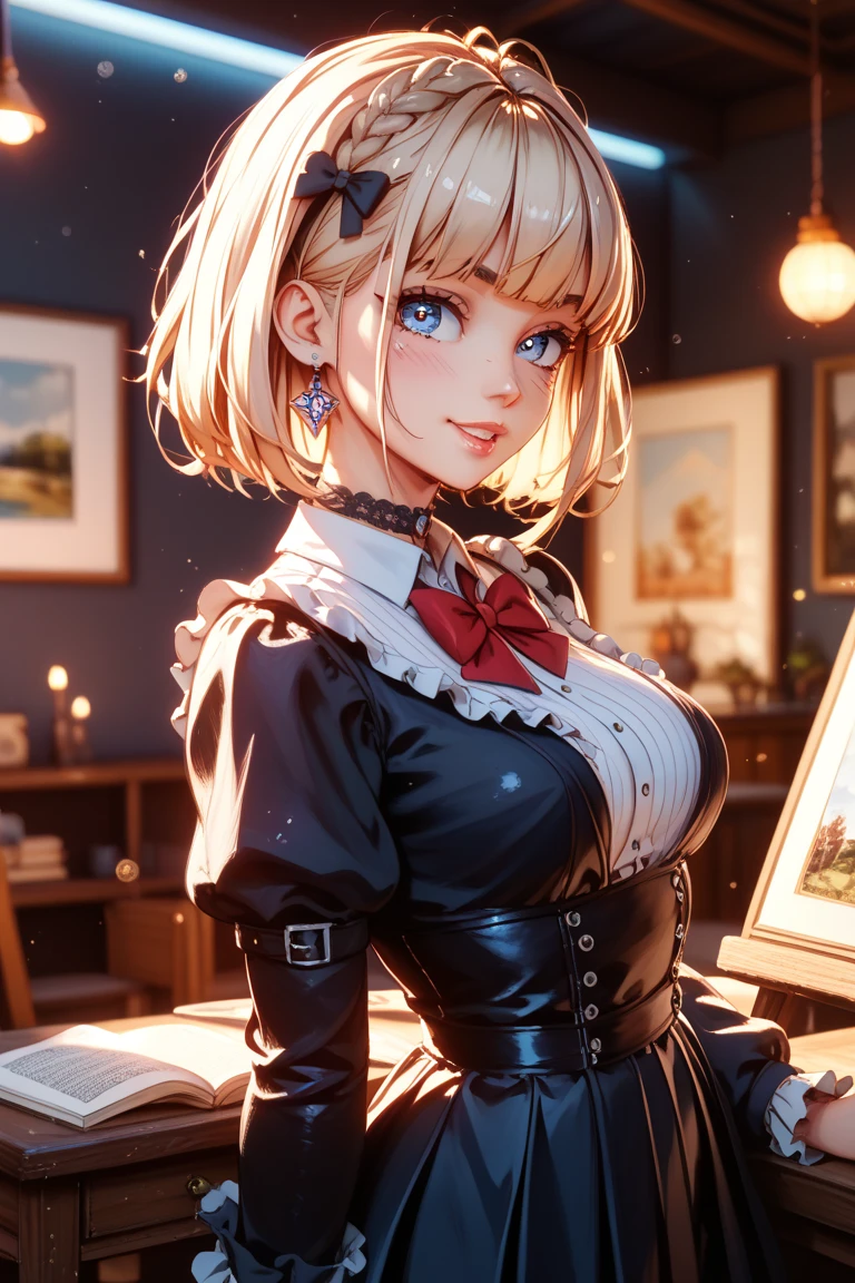 A high school girl in the style of Japanese anime illustration from 2020 with a detailed and realistic background that has depth and texture. The girl has blonde hair in a short one-length braided ponytail bob cut and wears a classical maid outfit. The theme is a maid cafe and the image is a portrait with contrast. The language in the image is Japanese and the romanization is English. The girl's eyes are realistic, complex, and detailed, and her skin texture is very fine. The girl's posing is instructed by a world-famous master and the image has a sense of dynamism. The girl's figure is a cowboy shot. The image size is 1024 x 1536 pixel