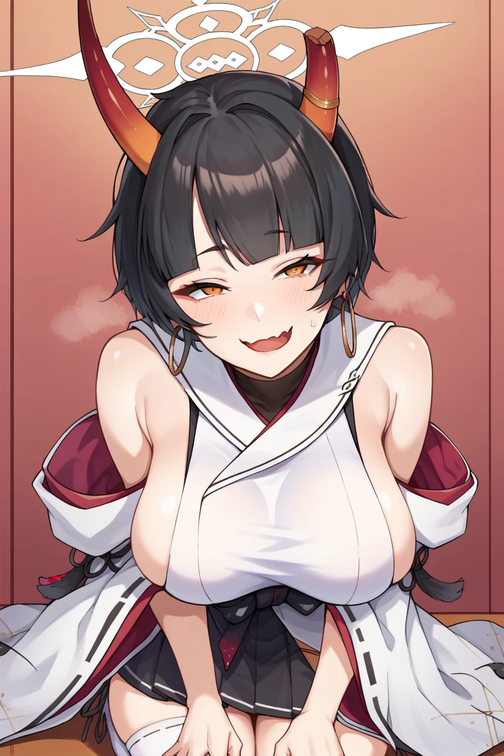 2girls, pov, 1boy, , , , penis, side boob, breasts squeeze together, , , , comedy, pubic hair, , beautiful oni girl, fantasy , rpg, cleavage, areola slip, katana, ponytail, leaves, room, Japanese 　ornaments, red hair, emblem, moe, pubic hair, wet penis , white, kimono ,  breasts , sarashi, Japan