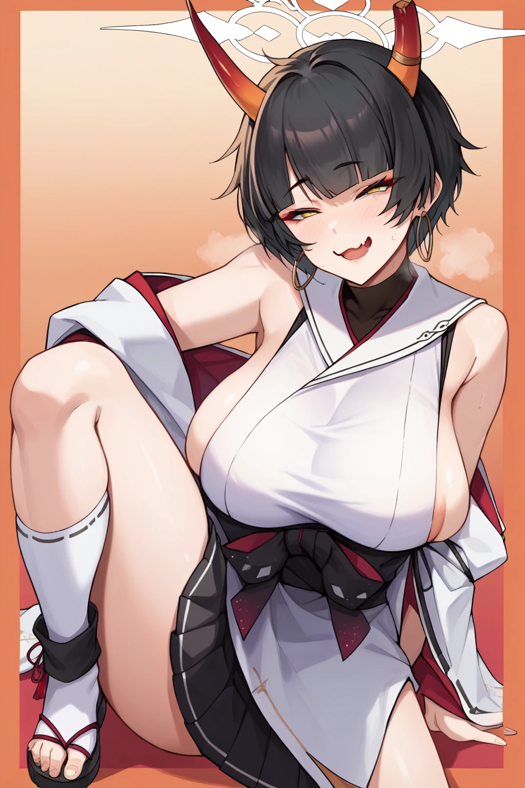 nsfw, Nipples, A captivating scene featuring a beautiful anime-style girl with distinctive facial features, Winter wonderland background. The girl has her black hair in a ponytail, single eyelid, Hooded, humid, Deeply engraved, Striking, deep orange, captivating eyes. Her face turns into a gentle smile. Age 15 years old. she、She wears a sportura-themed top and micro mini skirt adorned with intricate floral patterns and sports designs。. And what he picks up is a Japanese sword. The background depicts a landscape illuminated by trees., Create a magical New Year atmosphere. The action is captured on camera as if he is swiftly swinging a Japanese sword., Iai cut adds movement and fun to the scene. By combining these elements、The result is a masterpiece of exceptional quality.。. ((Very large bust size.))