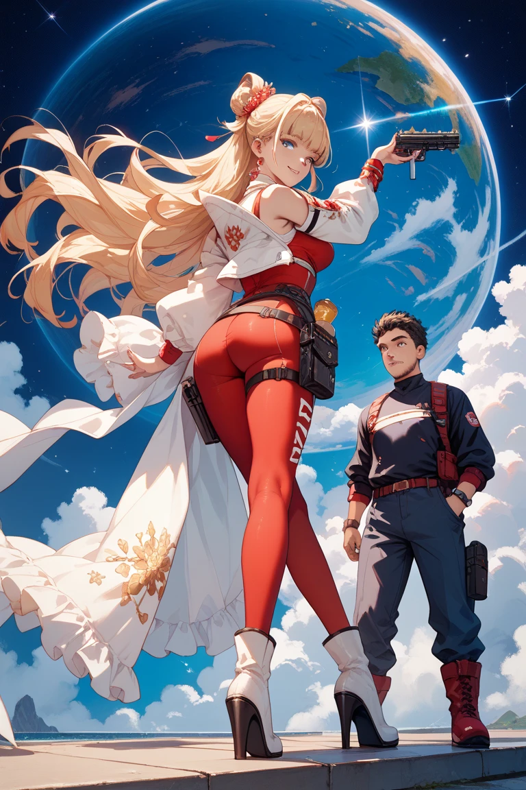 by amano yoshitaka, terra branford, final fantasy, 1girl, aircraft, airship, blonde hair, bow, cape, detached sleeves, floral print, hair bow, looking at viewer, pale skin, pantyhose, pink cape, red lips, see-through cape, solo, sword, weapon, hires <lora:amano_yoshitaka_xl:1>
