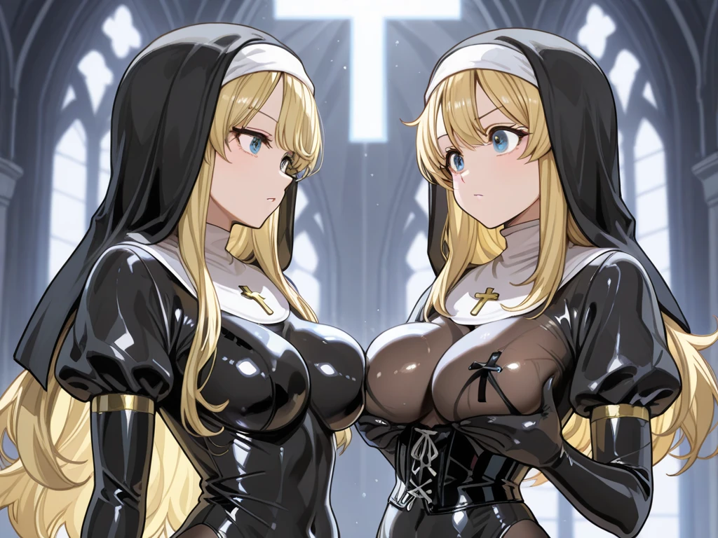 Super detailed,Two Girls,lily,Look at each other,eye contact,Breasts pressed against each other, Three people arguing Full body view,A composition in which the whole body fits within the frame,Full body depiction on screen,The whole body is covered in glossy oil. My hair is completely wet from the rain Rubber puff sleeve sister outfit Golden Rosary Church interior background Stained glass Broken dirty bed A large amount of sweat is dripping from his forehead sunset Orange Room, Heavy sweat on face,cold sweat,Sweat dripping from my forehead, Drooling, Garbage is very scattered, Very dirty bed, My body is soaked in the rain The whole body is sticky with mucus threads anime Vinyl Sister Black Veil Nuns Shiny black sister outfit Blonde Long Hair Soaked in the pouring rain Super long black rubber gloves cute Pitiful clear Hanging eyes Angry expression Glaring Mouth slightly open Pale pink rouge Shiny black rubber rider suit Mucus clings to the whole body Wet lips Sweat is pouring out from my whole body Threads of saliva mucus are entangled all over the body The sister's uniform is shiny with lotion Embarrassing Blushing Sweaty all over Embarrassing Big breasts that look like their clothes will rip off very large chest Extremely distended chest huge chest bulge looking at the camera university student Age: 20 Illustrated style anime風 Frown beautiful girl cheeks pink Blonde Long Hair Super Curly Hair Super long sideburns Black rubber long socks that reach up to the crotch Soaked in the rain 濡れて透けたSuper long black rubber gloves Shocking Pink Rouge Super long black rubber boots The whole body is covered in oil and has a glossy appearance. Steam is coming out of my whole body Steam like a sauna room fills the entire screen. White breath from the mouth