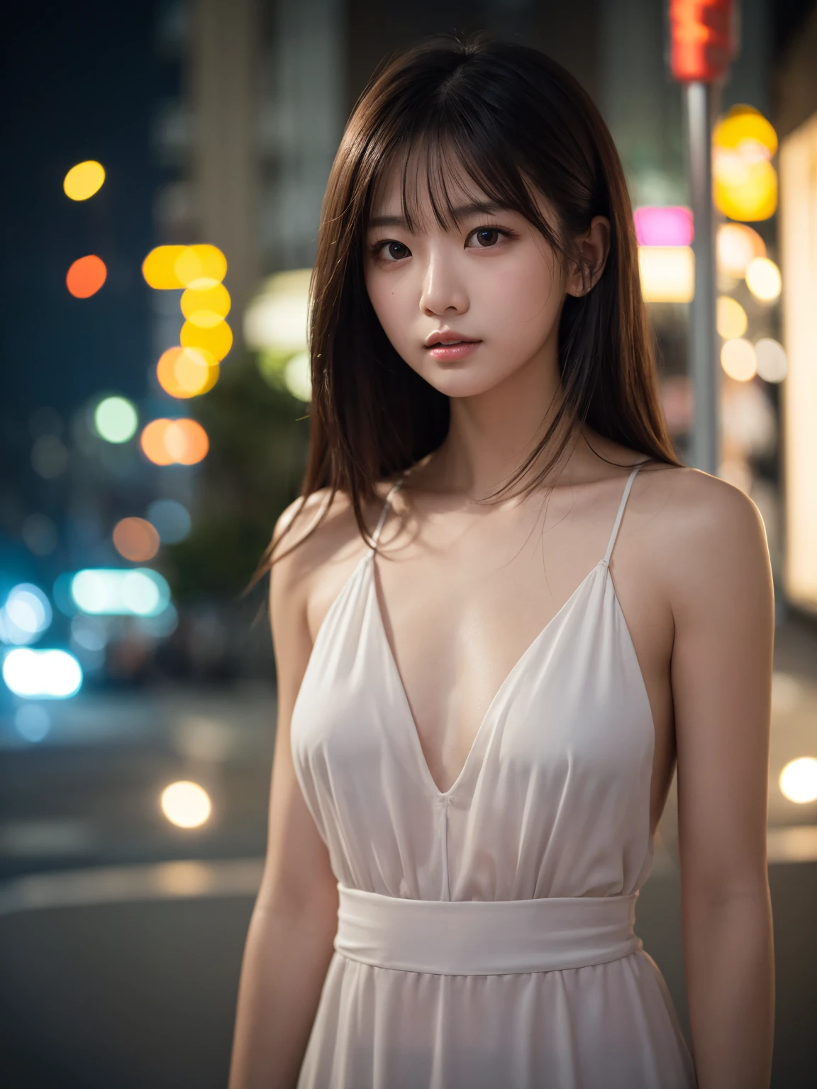 (standing in a dark street),(road light),(low-key lighting),(night),Random posture, (An extremely delicate and beautiful work), (masterpiece), 1girl, a girl in a white dress, highly detailed, waist leaking, ponytail contorted, charming expression, beautiful and clear eyes, green eye pupil, delicate necklace, delicate earrings, fairy ears, simple blurred background, extreme detail description, beautiful, charming, ultra-fine painting, delicate face, delicate figure, Fine collarbones, lovely lips, beautiful , soft behind, mix4,(8k, RAW photo, best quality, masterpiece:1.2), (realistic, photo-realistic:1.37),1girl,cute,cityscape, night, rain, wet, professional lighting, photon mapping, radiosity, physically-based rendering,