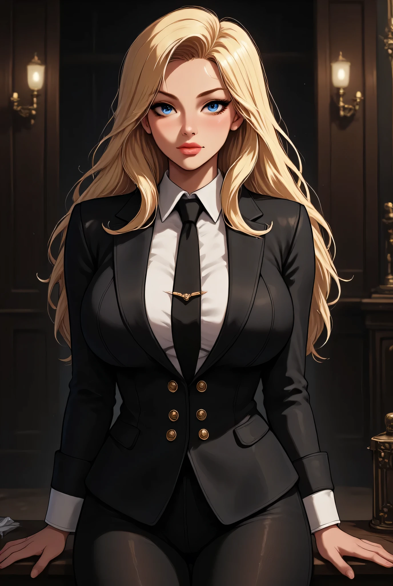 Female, blue eyes, long blonde hair half of back, 1920's mob boss