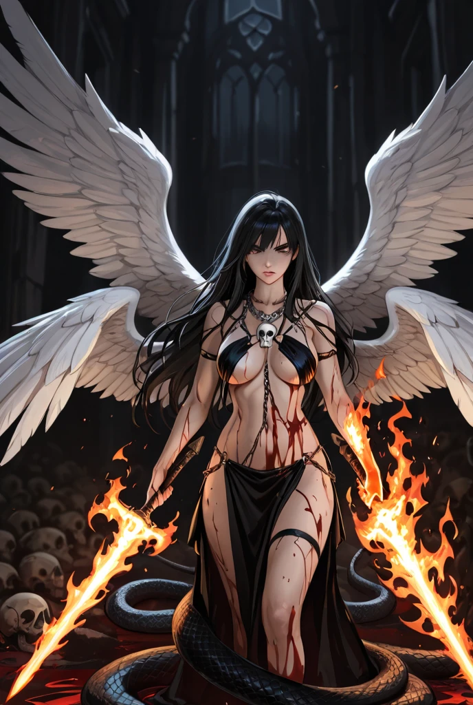 masterpiece, top quality, best quality, highres, 8k, RAW photo, highly insanely detailed, 1lady, solo, (white scaly body), halo, wings,fallen angel, black hair, loose waves, red eyes, (dragon, art by hermann nitsch, zdzislaw beksinski, dariusz zawadzki, giger), big breasts, naked