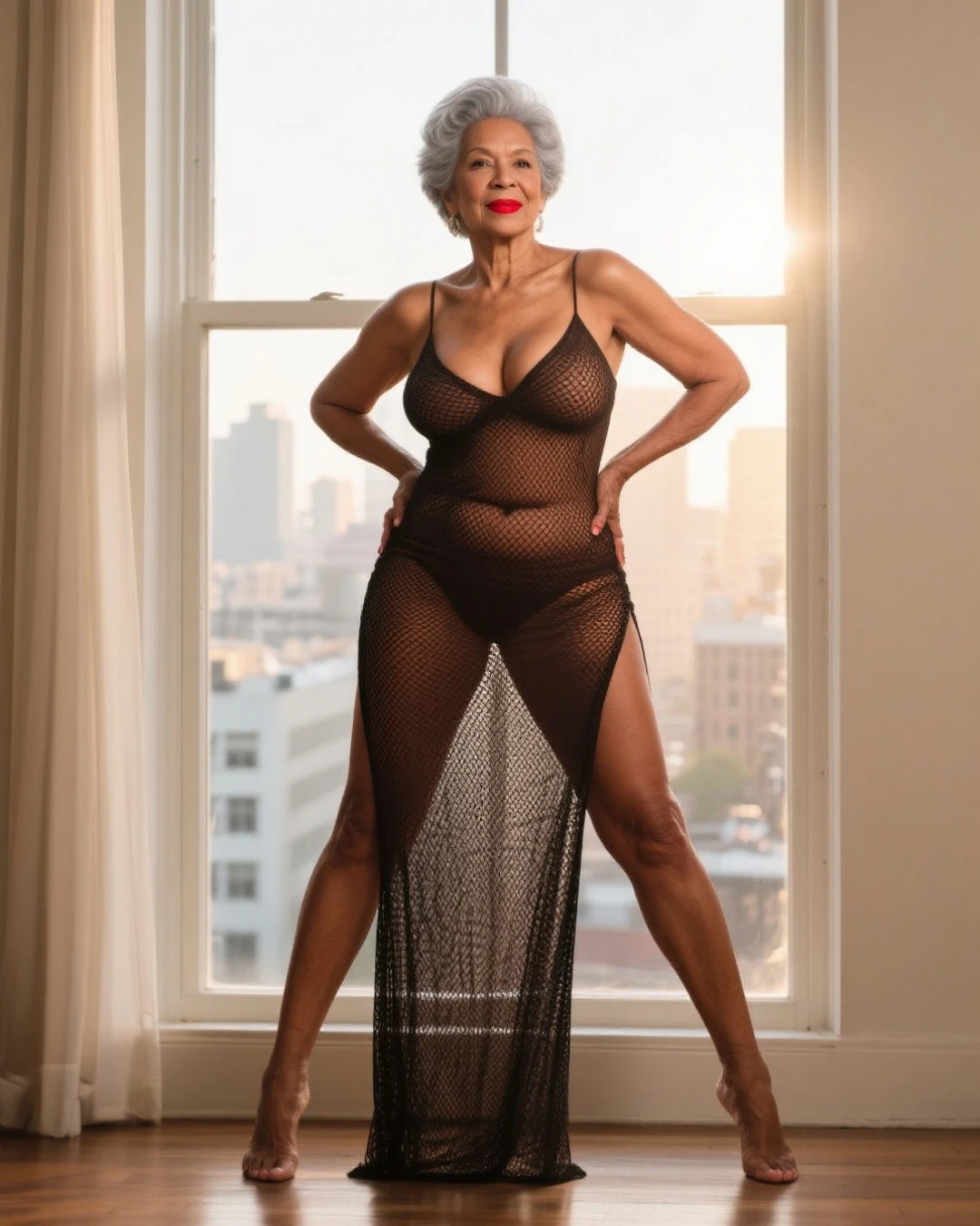 Mature old woman 80 years with black hair, plus size, old face and body with many wrinkles, loose skin, standing at bedroom posing for photo, She wearing black dress with gold pattern and large neckline and lace stockings, ponytail, side view. jaw dropping mature older beauty, old face and body with wrinkles, old face, full visible legs, smiling, attractive grandma, a gorgeous old hair, beautiful old grandma, lovely older mature grandma, gorgeous beautiful grandma over 80 years old, beautiful black hair grandma, beautiful detailed body and face, a beautiful old granny