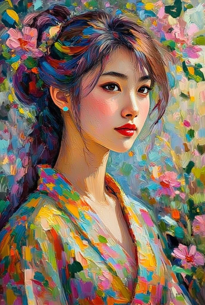 YFG-Liqd, Abstract oil painting in vibrant colors. (Impressionist pointillism and line drawing techniques). Close-up portrait of a young Asian woman in a kimono with long hair tied in a high ponytail. A Japanese garden is in the background. Impressionist simplified oil painting.