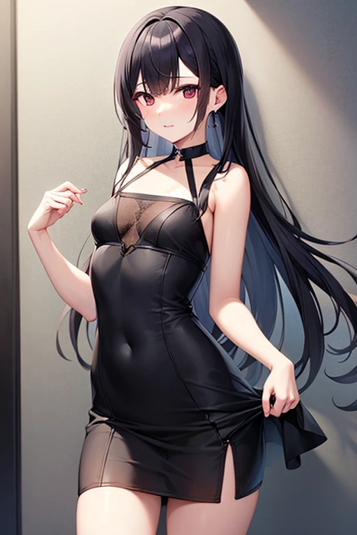 A girl with long black hair with white peekaboo highlights, white eyes, fair skin tone, slender and athletic built, Yutaka, detailed hair, detailed body, best quality, aesthetic, 8k