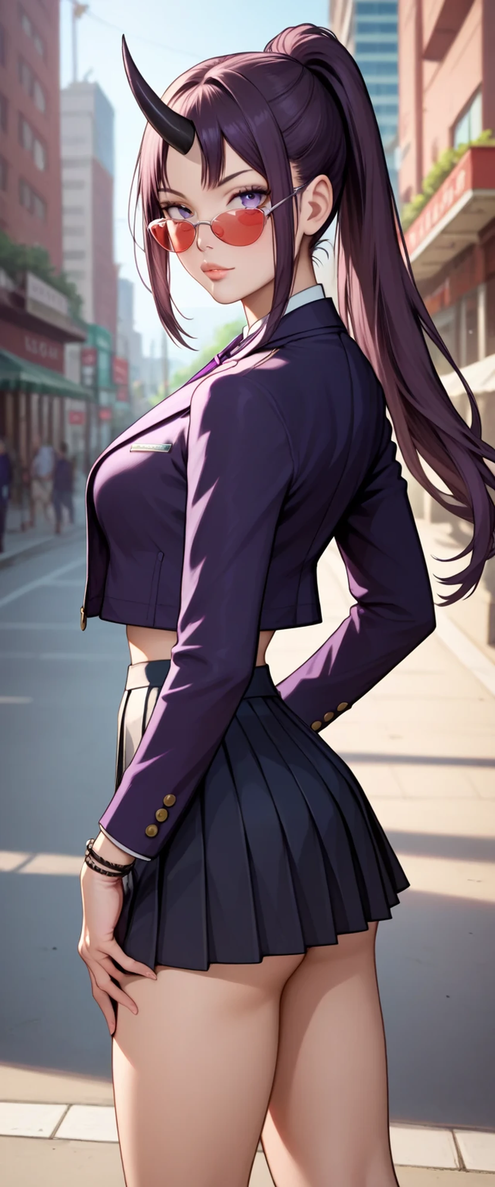 (masterpiece, best quality:1.2), 1girl, solo, beautiful anime woman with purple eyes, long lavender ponytail hair with long parted bangs, sexy body, slim waist, single black horn on forehead, wearing a purple blazer on top of a black crop top, wearing a black pleated skirt, wearing black bracelets, wearing red shades, photorealistic, looking at viewer, seductive expression, standing in the middle of shibuya crossing, crowded background