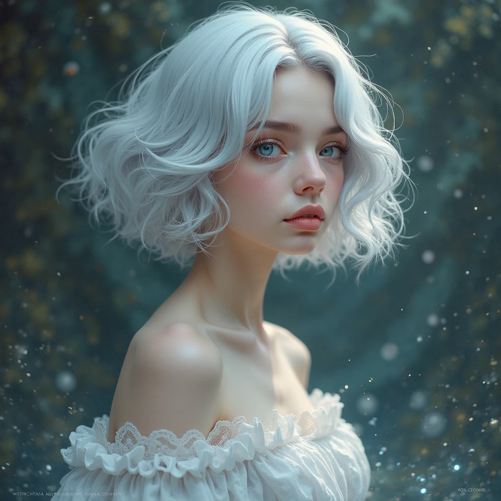 Hyperrealist portrait of female by david hockney and alphonse mucha, fantasy art, photo realistic, dynamic lighting, artstation, poster, volumetric lighting, very detailed faces, 4 k, award winning, 1girl, in the dark, deep shadow, low key, cowboy shot, ((vampire girl)), ((gothic white dress, bob cut hair, white hair)).