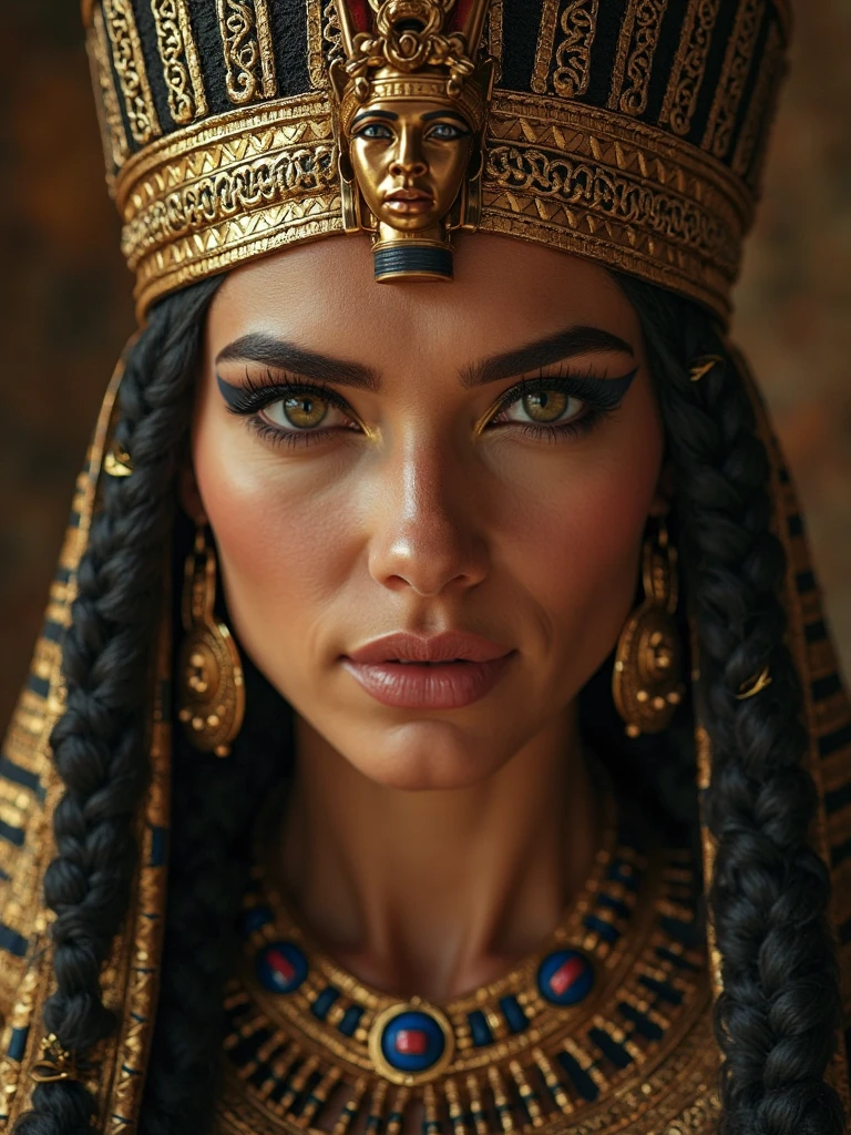 portrait photo of Cleopatra, highly detailed face, depth of field, moody light, atmospheric lighting, Egyptian headress, highly detailed, style by Dan Winters, Russell James, Steve McCurry, centered, extremely detailed, Nikon D850, award winning photography