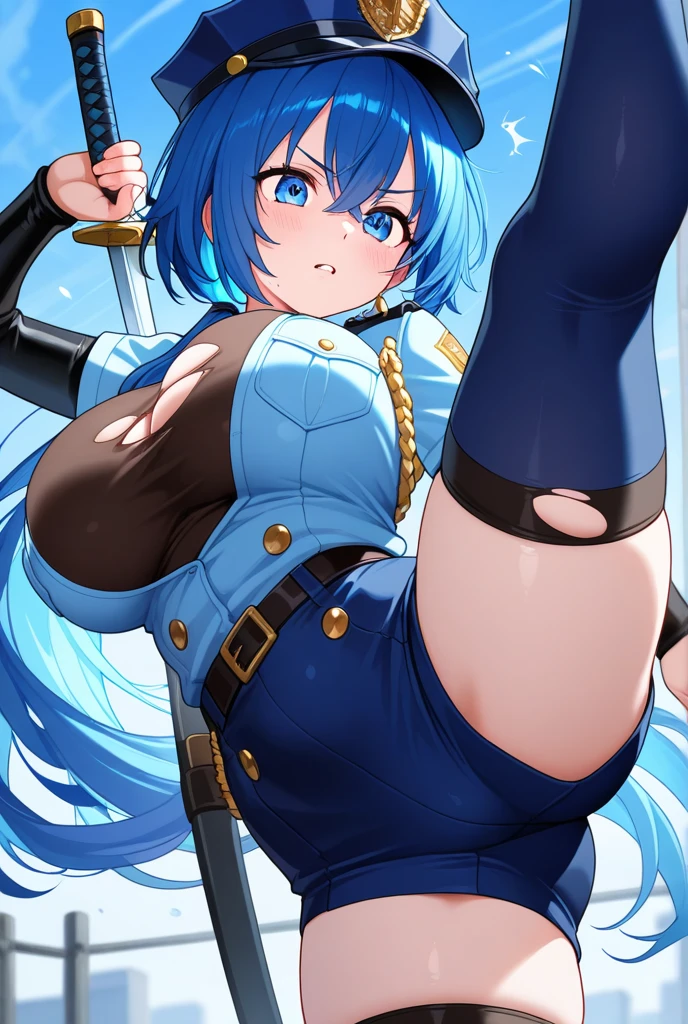 (White background,1girl:1.4),BREAK,Blue Hair, short hair, blue eyes, cute, Narrow waist,Large Breasts, Bare shoulders, (Wetsuit:1.4), blush,Open your mouth,(Open the chest,Half-naked:1.3),