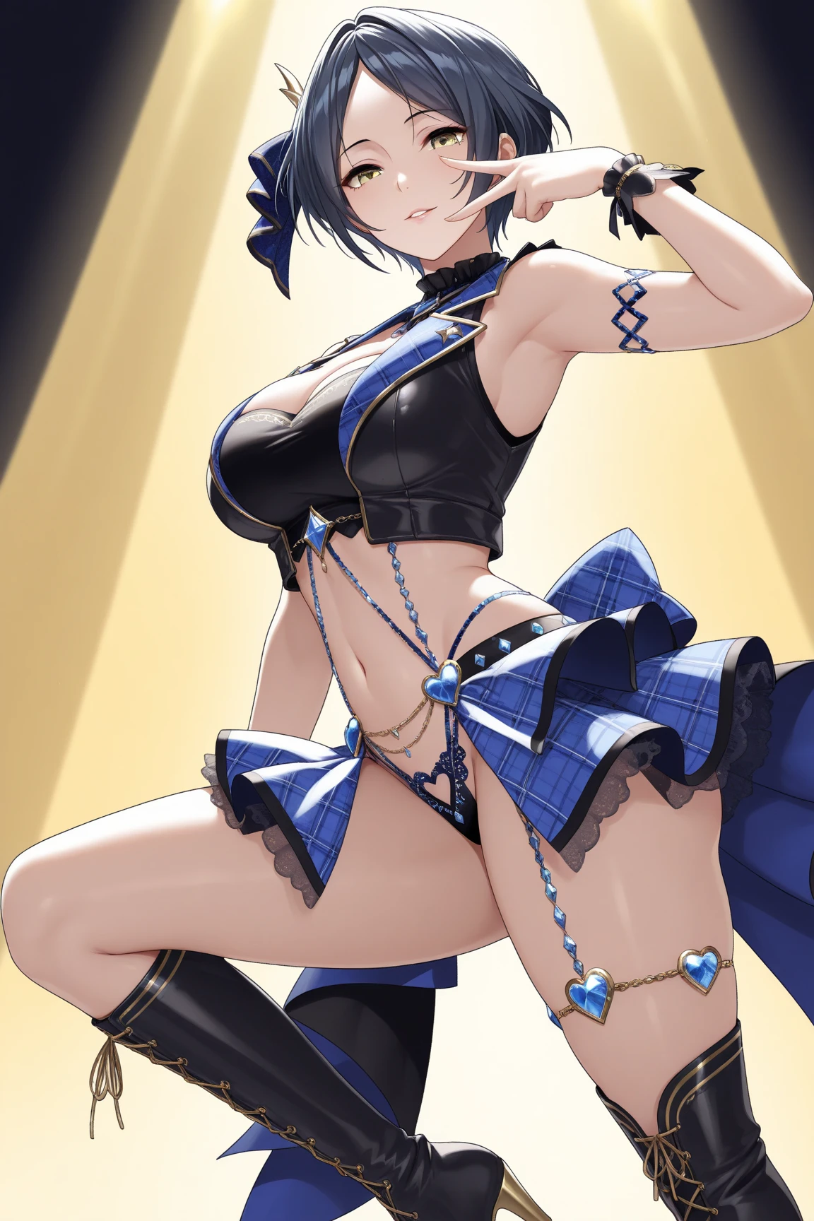 (White background:1.2),1girl,BREAK,Blue Hair, short hair, blue eyes, cute, Narrow waist, small, Toned Up, Large Breasts, Bare shoulders, Red neckerchief, Blue elbow gloves, Blue fingerless gloves, Pauldrons, belt, breastplate, White headband, Short dress, Dress slit, Blue tight boots, Blue long boots, Pegasus Knight Uniform (Fire emblem), low length,blush,Open your mouth,(Her skirt is lifted up and her panties are visible,Blue panties:1.3)